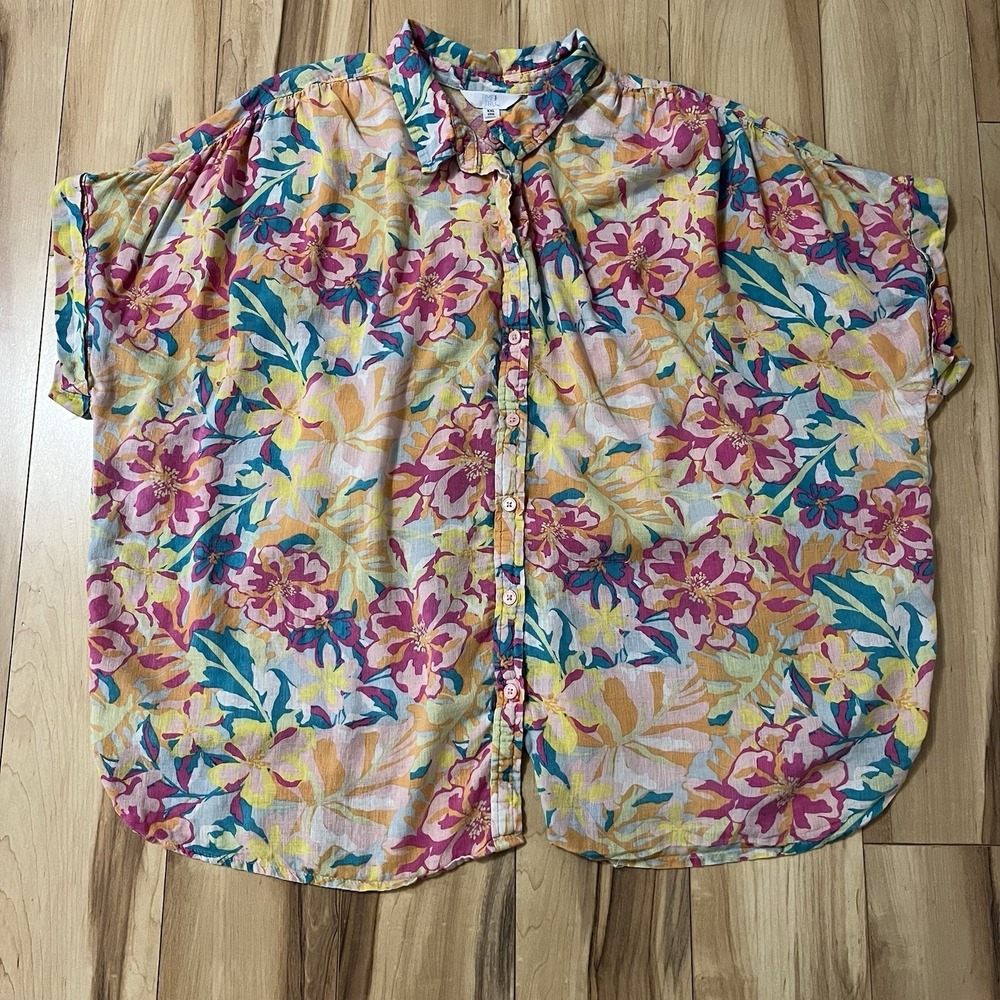Time and Tru Women's Blouse Sz XXL Linen Blend Pink, Orange Hibiscus Coastal